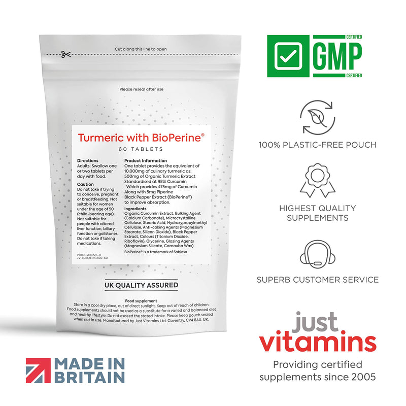 High Strength Turmeric Curcumin 95% + Black Pepper Bioperine® 10,000mg Tablets x60, 2 Month Supply, Advanced Turmeric Supplement with Patented Black Pepper Extract for Max Absorption - UK Made 60 Count (Pack of 1) - NewNest Australia