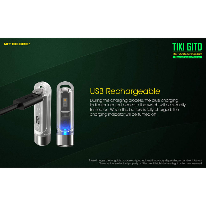 NITECORE TIKI GITD Green 300 Lumen Everyday Carry USB Rechargeable Keychain Flashlight with UV & High CRI Light and USB Charging Cable - NewNest Australia