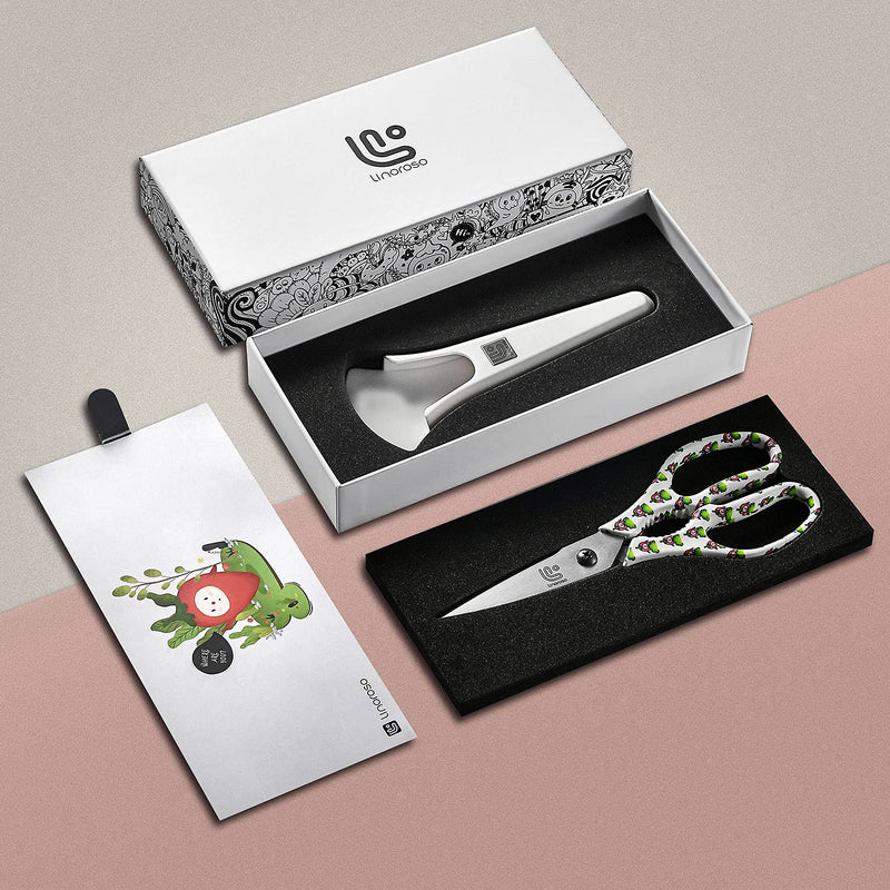 Linoroso Heavy Duty Kitchen Scissor Ultra Sharp Utility Scissors with Cover, Cooking Cutting Stainless Steel Food Shears for Meat Poultry Fish Chicken Pizza Vegetables Herbs BBQ Nuts - Chili Graphic White/Chili - NewNest Australia