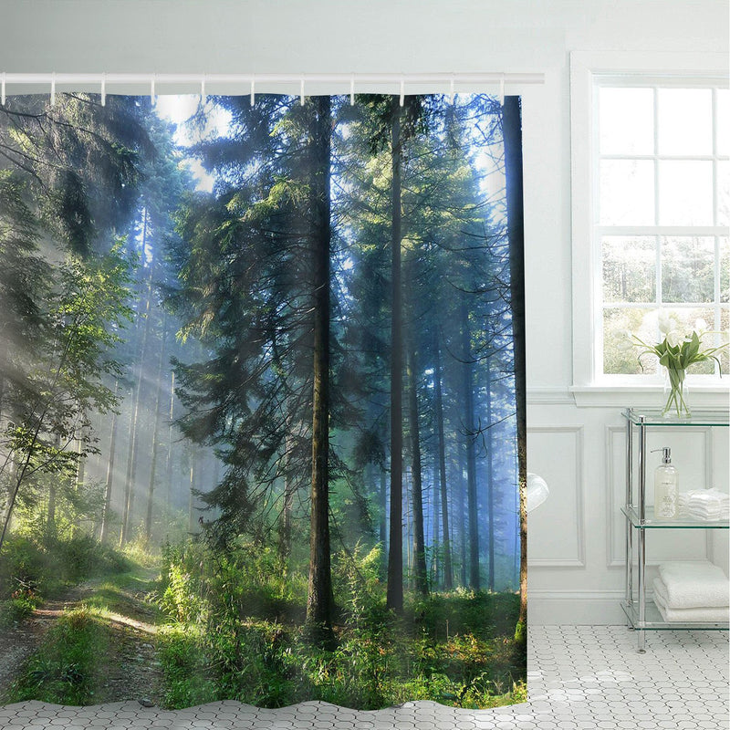 Likiyol Bathroom Shower Curtain Misty Forest Bathroom Curtain with 12 Hooks, Sunshine Trees Shower Curtains Durable Waterproof Fabric Bath Curtain A White Black 70" L × 69" W - NewNest Australia