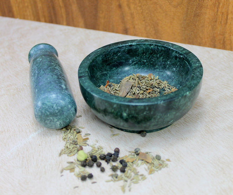 NewNest Australia - KLEO 4" Diameter Natural Stone Mortar and Pestle Set as Spice Grinder, Medicine Masher - Okhli And Musal (Green Shallow) Green Shallow 