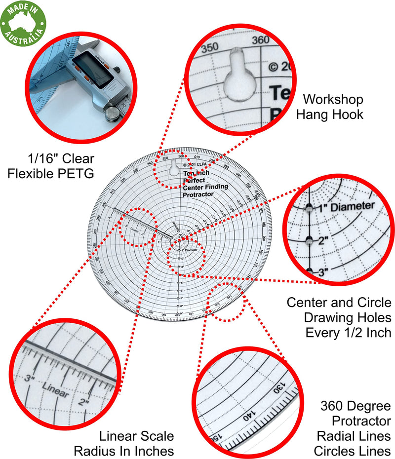 This clearly printed 10 Inch Center Finder &Protractor for woodworking & craft, can be used to find the center of your material, draw a circle on any surface, & measure diameter, radius or angles. - NewNest Australia