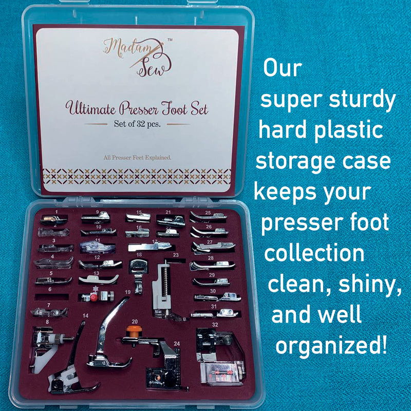 Madam Sew Presser Foot Set 32 PCS - The ONLY Sewing Machine Presser Foot Kit with Manual, DVD and Deluxe Storage Case with Numbered Slots for Easy and Neat Organization - NewNest Australia