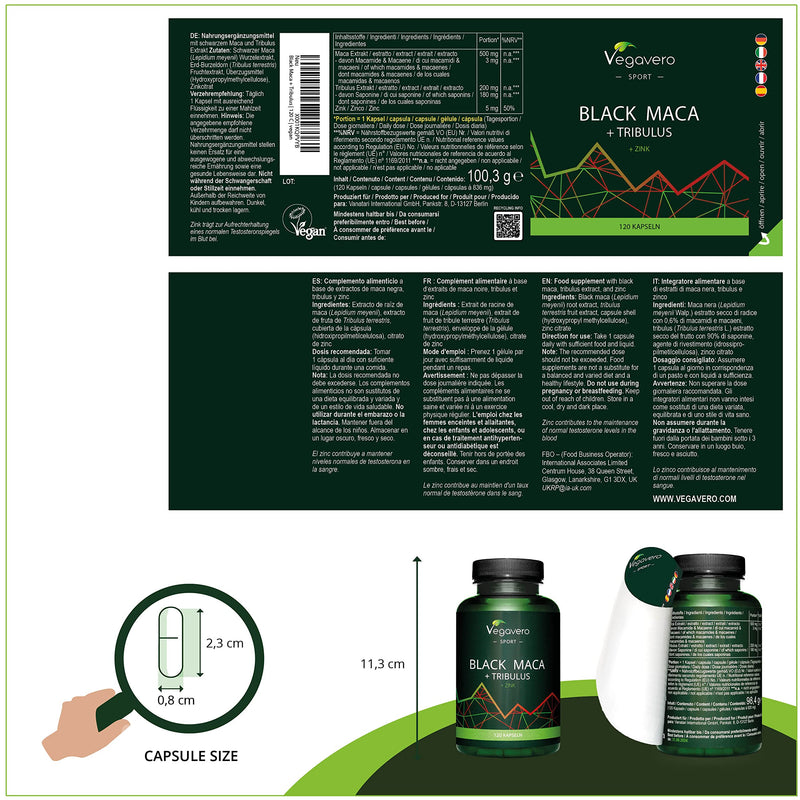 Maca Capsules High Dose + Tribulus | Premium 5000 mg Maca Black + 1,200 mg Tribulus Terrestris | Laboratory Tested | Vegan - No Additives | 120 Capsules | German Production by Vegavero® - NewNest Australia