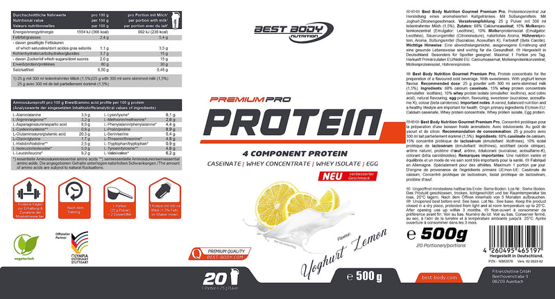 Best Body Nutrition Gourmet Premium Pro Protein, Yoghurt Lemon, 4 Components Protein Shake: Caseinate, Whey Concentrate, Whey Isolate, Egg Protein, 500 G (Pack Of 1) - NewNest Australia