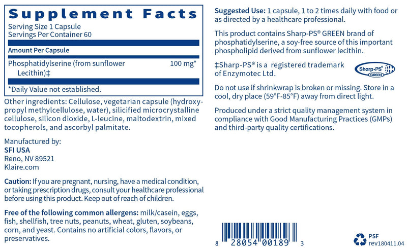 Klaire Labs Phosphatidyl Serine sf - Phosphatidylserine from Sunflower Lecithin (60 Capsules) - NewNest Australia