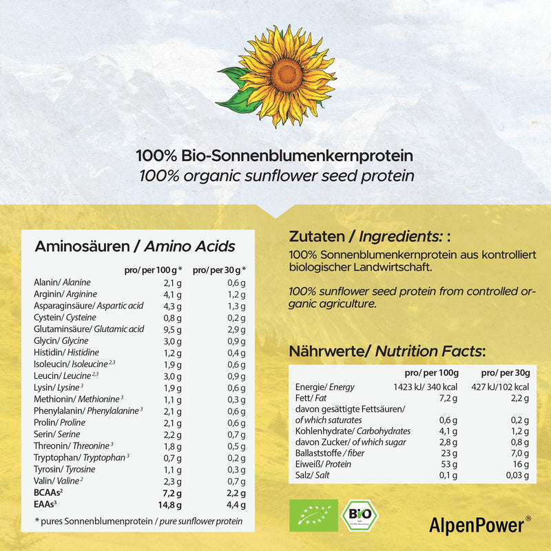 Alpenpower Organic Sunflower Protein From Austria, 600 G, 100% Pure Sunflower Protein Without Additives, Vegan & Low Carb, High-Quality Protein Powder, Versatile Use - NewNest Australia