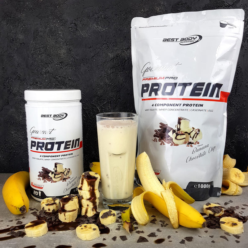 Best Body Nutrition Gourmet Premium Pro Protein, Banana Chocolate Chip, 4 Component Protein Shake: Caseinate, Whey Concentrate, Whey Isolate, Egg Protein, 500 G Tin - NewNest Australia