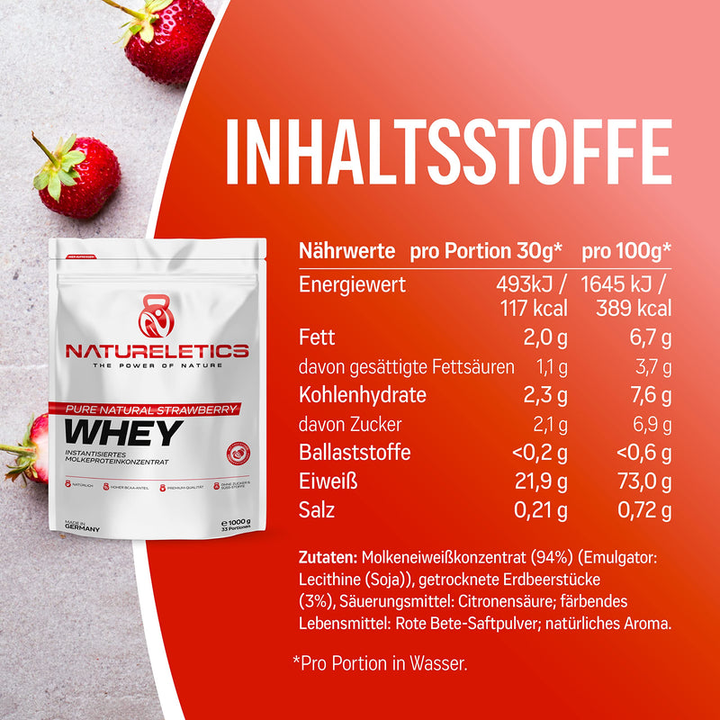 Natureletics Strawberry 1 Kg Natural Premium Whey Protein Powder From Germany Without Added Sugar Sweeteners, Protein Powder With A High Bcaa Content Of 22.6% - NewNest Australia