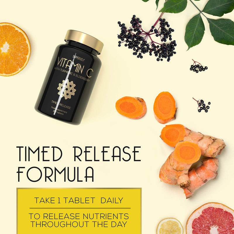 Vitamin C 1000mg Tablets High Strength - Slow Release Formula with Elderberry & Turmeric - 180 Tablets 6-Month Supply - Vegan Vit C Supplement - Plant-Based Immune System Support Complex - UK Made - NewNest Australia