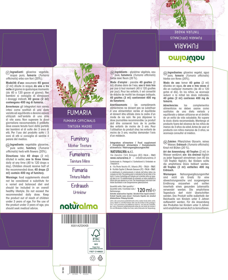 Fumitory (Fumaria officinalis) herb with Flowers Alcohol-Free Mother Tincture Naturalma | Liquid Extract Drops 120 ml | Food Supplement | Vegan 120 ml (Pack of 1) - NewNest Australia