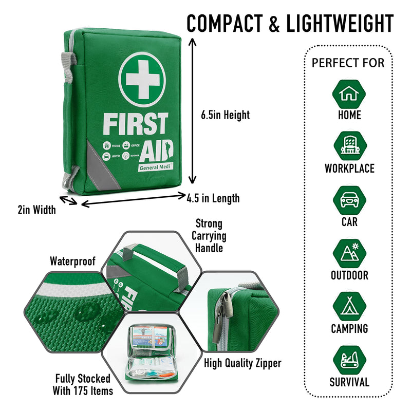 First Aid Kit -Compact First Aid Bag(175 Piece) - Reflective Bag Design- Includes 2 x Eyewash,Instant Cold Pack,Emergency Blanket for Home, Office, Vehicle,Camping, Workplace & Outdoor Green - NewNest Australia