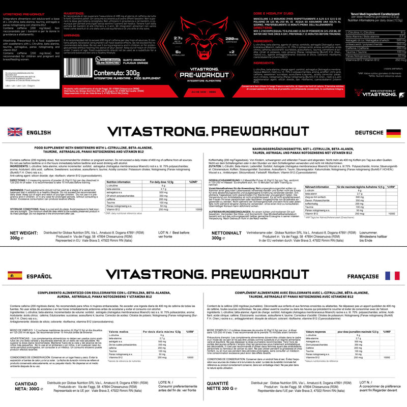 Pre Workout Booster Vitastrong - Booster Pre Workout with Beta Alanine + Caffeine & Taurine + Vitamin B - Preworkout for Extreme Pump - Drink Powder for Energy Drink - NewNest Australia