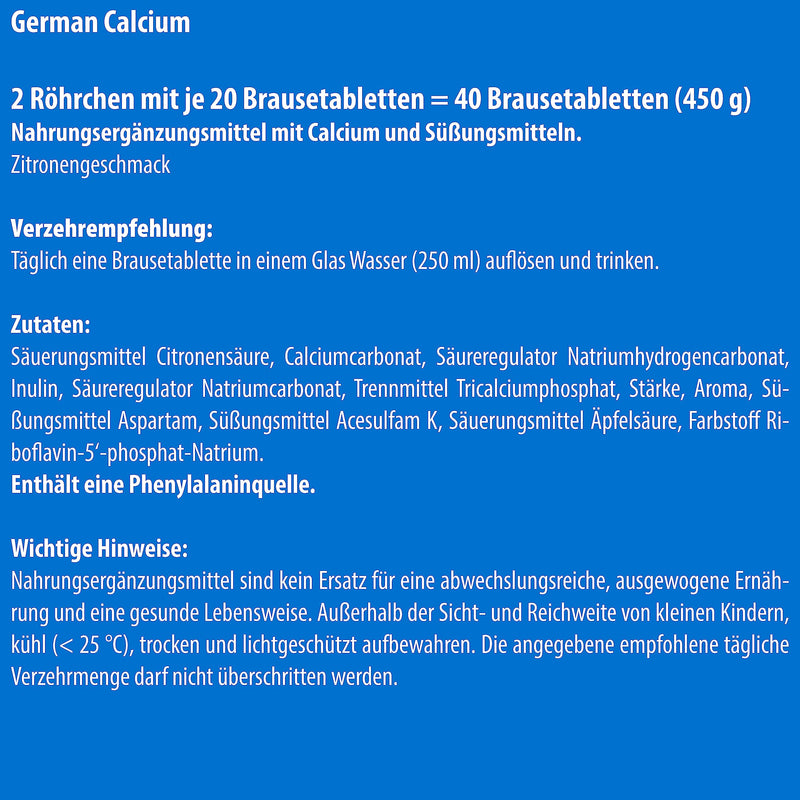 Calcium effervescent tablets 5x20 pieces. Lemon flavor - 500 mg calcium - T&D Pharma German Calcium - Made in Germany 20 pieces (pack of 5) - NewNest Australia