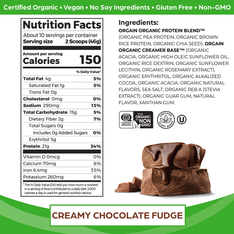 Orgain Organic Plant Based Protein Powder, Creamy Chocolate Fudge - 21g of Protein, Vegan, Low Net Carbs, Non Dairy, Gluten Free, Lactose Free, No Sugar Added, Soy Free, Kosher, 1.02 Pound - NewNest Australia