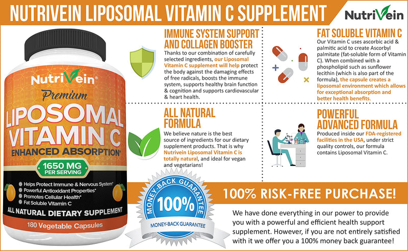Nutrivein Liposomal Vitamin C 1650mg - 180 Capsules - High Absorption Ascorbic Acid - Supports Immune System & Collagen Booster - Powerful Antioxidant - NewNest Australia