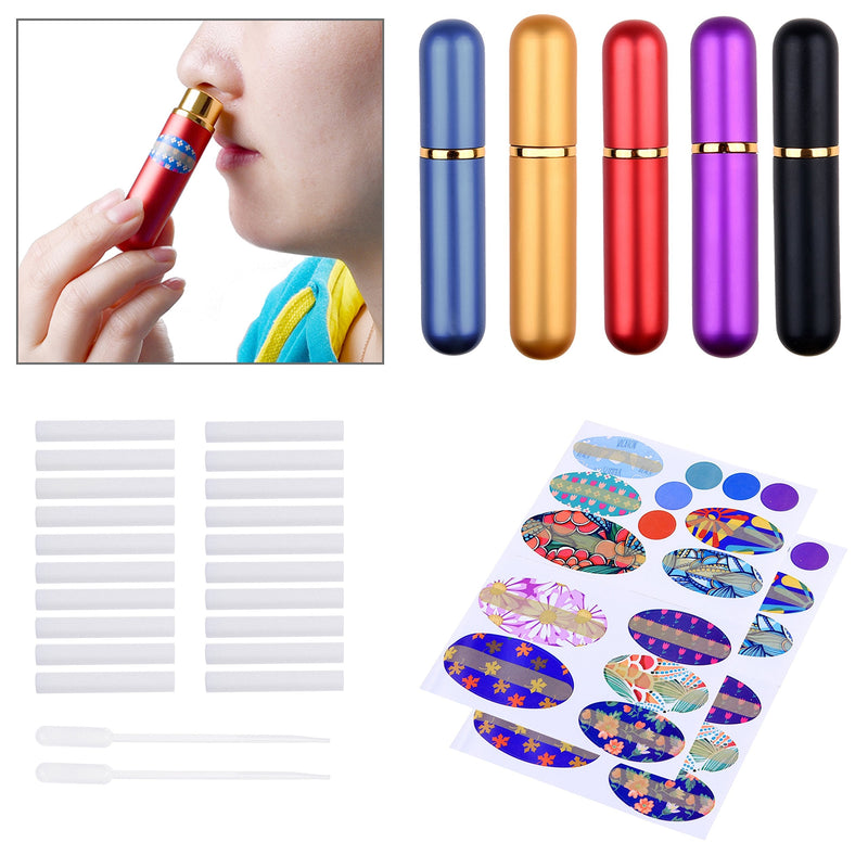 Kare & Kind Inhaler Tubes- Aluminum and Glass - For DIY Essential Oil Aromatherapy Use - Refillable - 5 elegant inhaler tubes, 25 wicks, 1 opening tool, 78 writable stickers, 2 mini droppers - NewNest Australia