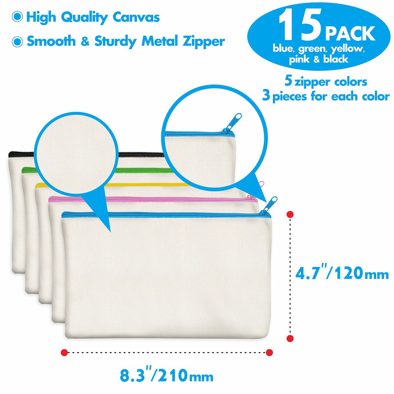 15 Pieces Canvas Colorful Zipper Bags, DIY Craft Bags Travel Canvas Makeup Pouches for Cosmetic Toiletry Stationery Storage (Beige, 8.3” x 4.7”) Beige (color zipper) 15 Pack/8.3” x 4.7” - NewNest Australia