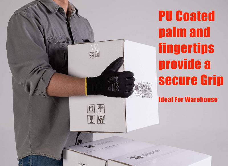 Safety Work Gloves PU Coated-12 Pairs,KAYGO KG11PB, Seamless Knit Glove with Polyurethane Coated Smooth Grip on Palm&Fingers, for Men and Women, Ideal for General Duty Work (Small, Black) Small - NewNest Australia