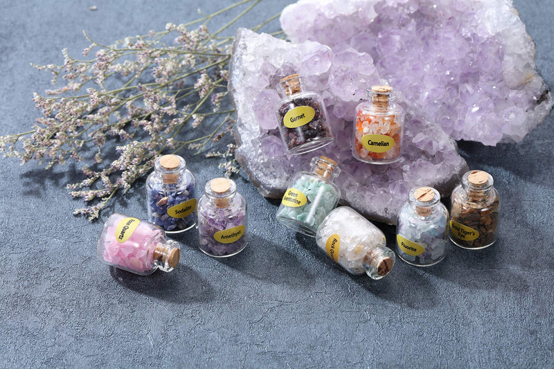 Jovivi 9 Mini Crystals and Gemstones Glass Wishing Bottles Natural Raw Quartz Rough Rocks Crushed Chips Stone Collection Kit for Healing Balancing Meditation Chakra Reiki Wicca Wish Luck Decoration - NewNest Australia