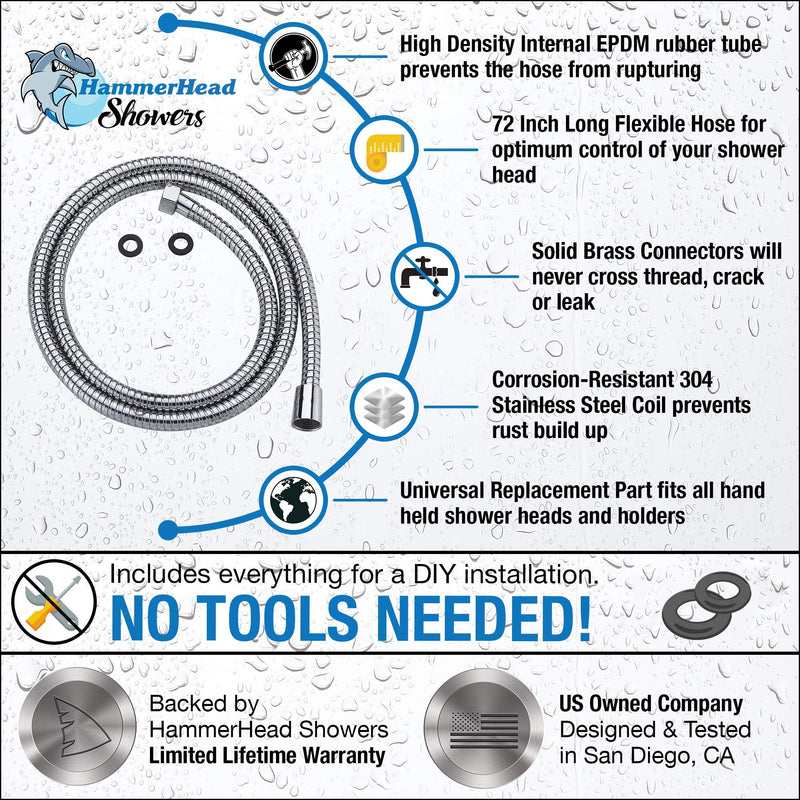 All Metal Shower Hose For Hand Held Shower Heads, Chrome | Extra Long 72 Inch Cord Made With Commercial Grade Stainless Steel | Universal Replacement Part For Handheld Showerhead Hoses 72 Inches - NewNest Australia