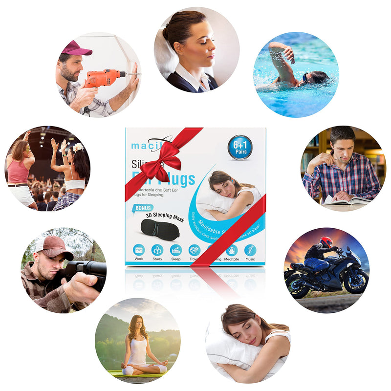 macika Sleeping Ear Plugs Silicone Ear Plugs with Sleeping Mask Comfortable and Soft Earplugs Noise Cancelling Ear Plugs Mouldable Reusable Silicone Plugs for Sleeping, Studying, Swimming,7 Pairs - NewNest Australia