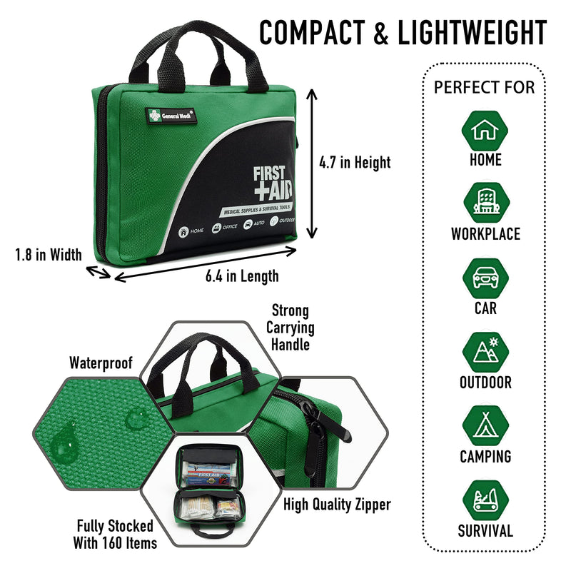 160 Piece Compact First Aid Kit Bag - Including Cold (Ice) Pack, Emergency Blanket, Moleskin Pad,Perfect for Travel, Home, Office, Car, Camping, Workplace (Green) Green - NewNest Australia