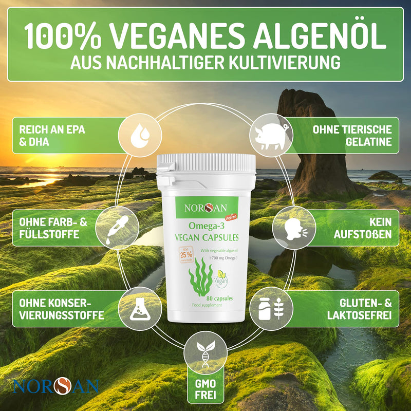 NORSAN Premium Omega 3 Vegan Capsules Pack of 2 (2x 80 pieces) / 1,700 mg Omega 3 per daily dose/vegan algae oil capsules with 420 mg EPA & 840 mg DHA/Omega 3 algae oil from sustainable cultivation 80 pieces (pack of 2) - NewNest Australia