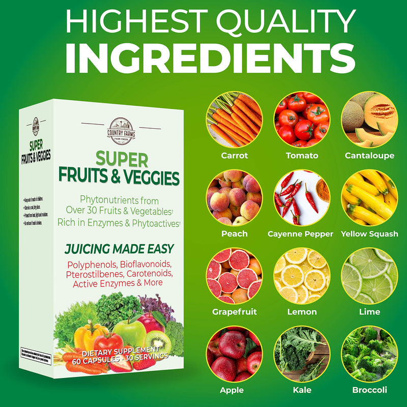 Country Farms Super Fruit and Veggies Capsules, 30 Fruits and Vegetables, 30 Servings, 60 Count (Pack of 1) - NewNest Australia