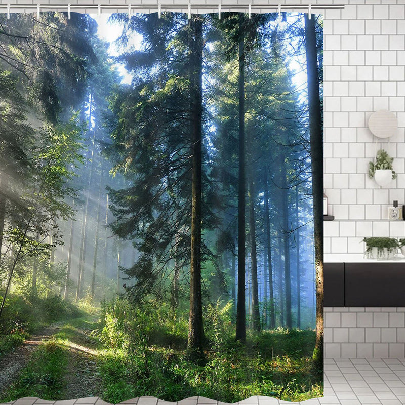 Likiyol Bathroom Shower Curtain Misty Forest Bathroom Curtain with 12 Hooks, Sunshine Trees Shower Curtains Durable Waterproof Fabric Bath Curtain A White Black 70" L × 69" W - NewNest Australia