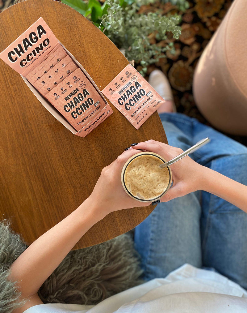 Chagaccino by Renude, Mushroom & Adaptogen Coffee Boost Powder with Wild Foraged Chaga, Cacao, Ceylon Cinnamon & Monk Fruit, Immune Support, Beauty & Brains, Vegan & Keto, 0 Calories, 10 Count of 17g - NewNest Australia