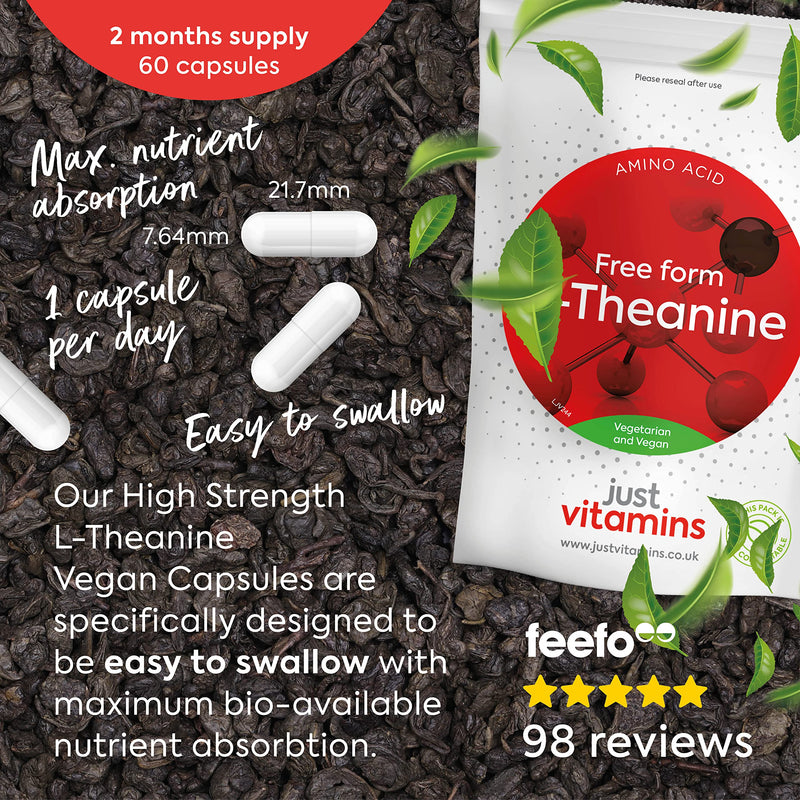 L-Theanine 400mg x60 High Strength Vegan Capsules (2 Month Supply) GABA Alternative, Brain Power Nootropic L Theanine Supplement - Non GMO, Caffeine Free, Made in UK by Just Vitamins 60 Count (Pack of 1) - NewNest Australia