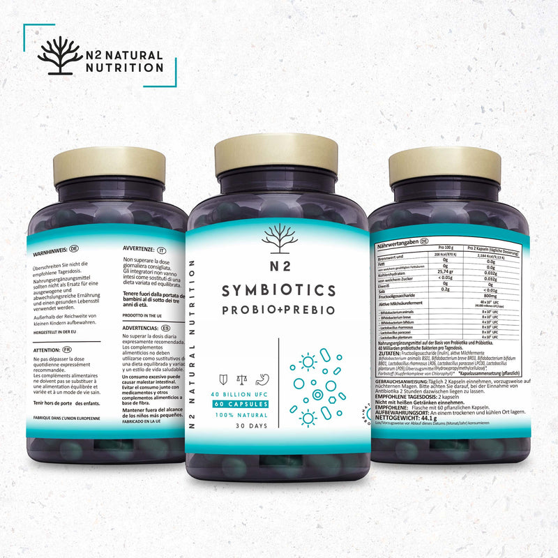 Probiotics And Prebiotics Complex With Inulin Probiotics High Dose 40 Billion Cfu Per Dose, Digestive Enzymes. Contains Lactobacillus And Lactic Acid Bacteria. 60 Capsules N2 Natural Nutrition - NewNest Australia