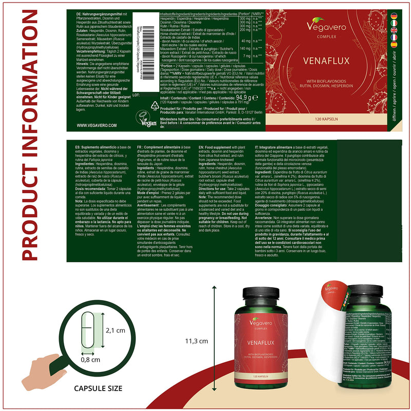 Circulation Booster Vegavero® | with Diosmin, Hesperidin, Rutin, Horse Chestnut & Butcher’s Broom | 120 Capsules | Leg Circulation, Haemorrhoids & Varicose Veins Relief | Vegan - NewNest Australia