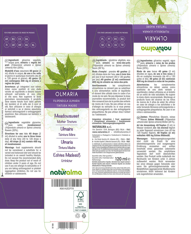 Meadowsweet (Filipendula ulmaria or Spirea ulmaria) Flowers Alcohol-Free Mother Tincture Naturalma | Liquid Extract Drops 120 ml | Food Supplement | Vegan 120 ml (Pack of 1) - NewNest Australia