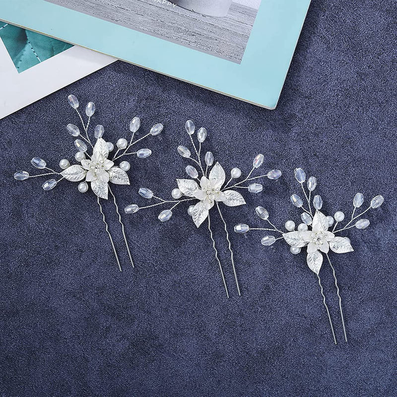 3 PCS Bride Wedding Hair Pins Clips Silver Crystal Leaf Flower Pearls Headpieces Bridal Hair Jewelry Accessories for Women, Girl, Lady, Party Wedding Prom - NewNest Australia