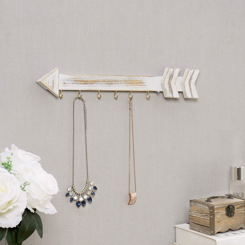 MyGift Wall Mounted Shabby Chic Whitewashed Wood Arrow Jewelry Organizer, 6-Hook Necklace Hanging Rack - NewNest Australia