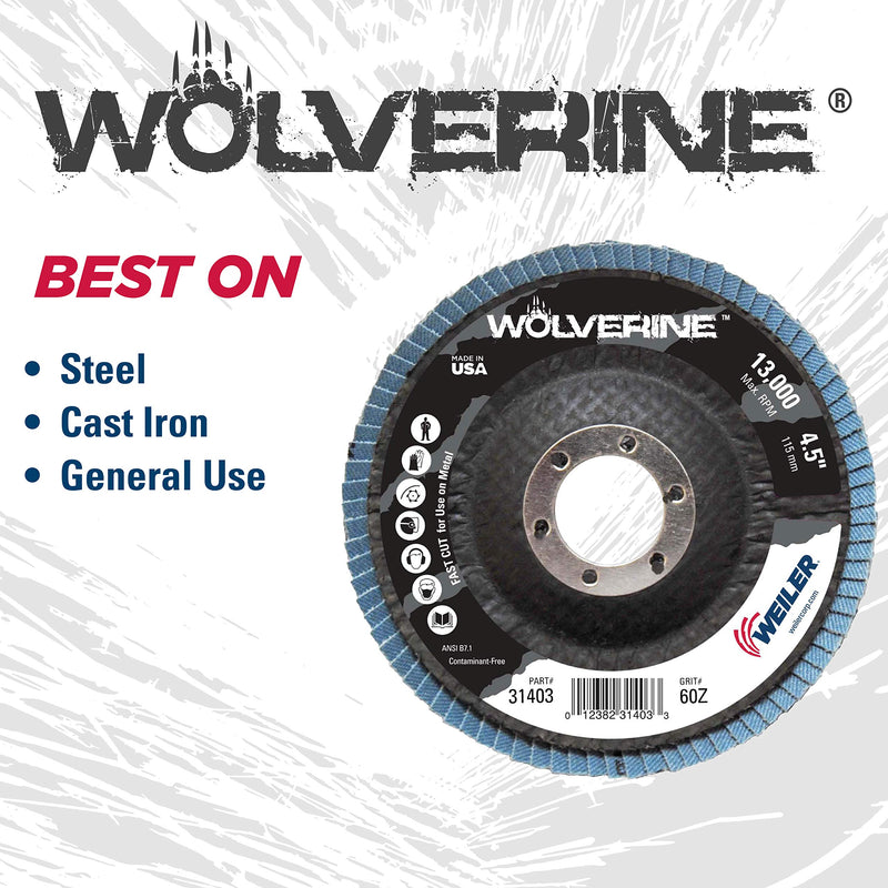 Weiler 31337 Wolverine 4-1/2" x 5/8" Arbor Hole Abrasive Flap Disc, 36 Grit Zirconia Alumina, Bevel Type 29, Phenolic Backing, Standard Density, Made in The USA, (Pack of 10) Type 29 5/8" Arbor - NewNest Australia