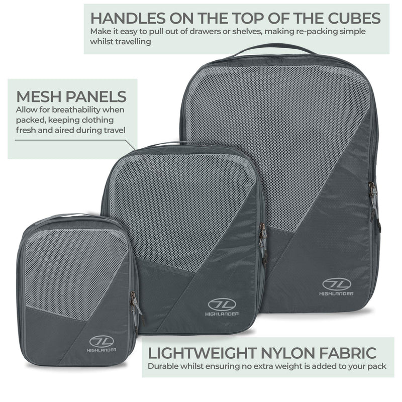 Highlander Compakta Compression Packing Cubes Organiser (Set of 3) - Lightweight Luggage Suitcase Travel Pouches Bag Safe Storage – Great for Clothes, Accessories, Cosmetics and Toiletries - NewNest Australia