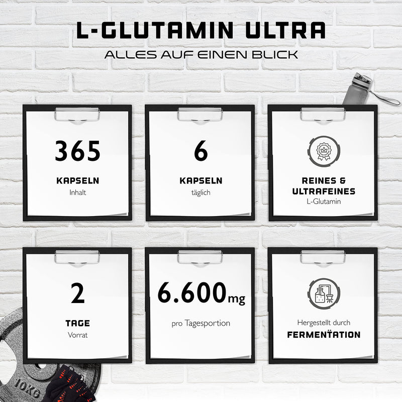 L-Glutamine - 365 capsules - Extra high dose with 1100 mg per capsule - 6600 mg per daily serving - Pure & ultra-fine L-Glutamine - No unwanted additives - Laboratory tested - Premium quality - NewNest Australia
