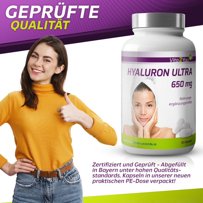 Hyaluronic Acid Ultra 650 Mg - 90 Vegan Capsules - Vegetable Fermentation - 500-700 Kda - High Dose - 3 Month Pack - No Additives - Hyaluronic - Premium Quality - NewNest Australia