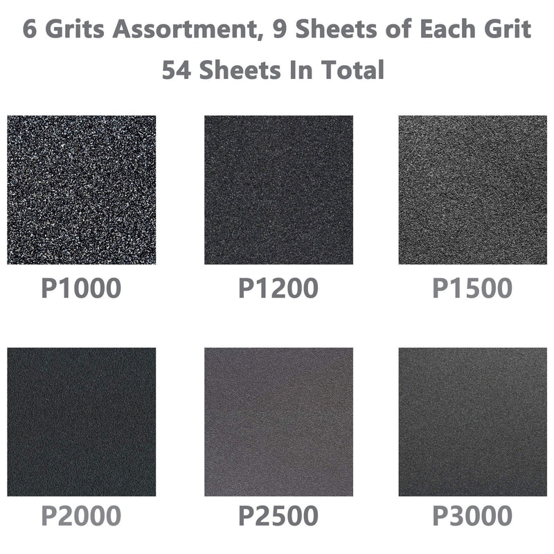 Wet Dry Sandpaper, Assorted 3000/2500/2000/1500/1200/1000 Grit for Automotive Wood Sanding, 54 Sheets 1000-3000 - NewNest Australia