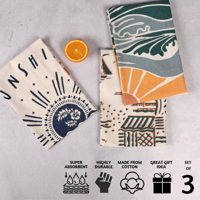 Folkulture Dish Towels for Drying Dishes or Boho Kitchen Towels with Hanging Loop, Modern Decorative Tea Towels and Dishcloths Set for Farmhouse Decor, 100% Cotton, 20 x 26 Inches, Set of 3, Aloha - NewNest Australia