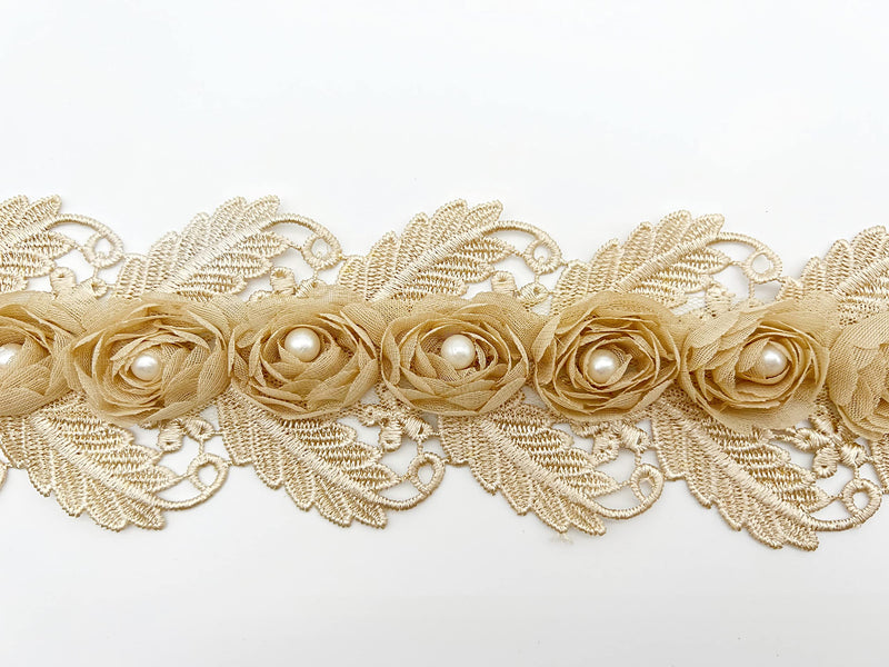 PEPPERLONELY 1 Yard Gold 3D Pearl Chiffon Flower Embroidered Lace Edge Trim Ribbon, Flower Width 7.5cm - NewNest Australia