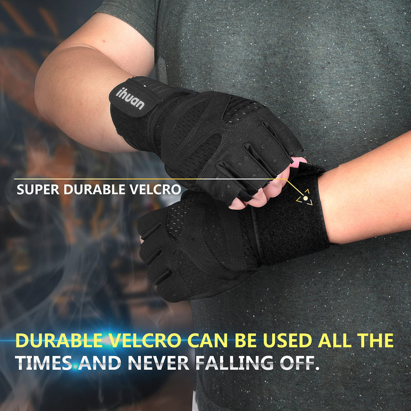 ihuan Ventilated Weight Lifting Gym Workout Gloves with Wrist Wrap Support for Men & Women, Full Palm Protection, for Weightlifting, Training, Fitness, Hanging, Pull ups Black Large - NewNest Australia
