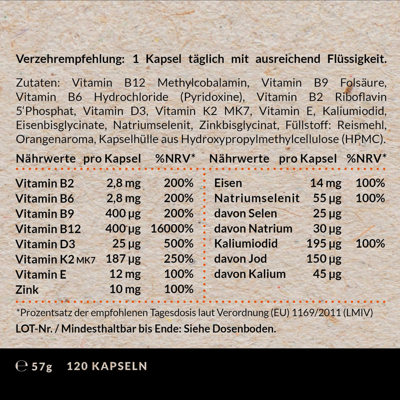 Vegan Every Day - Food Supplement - 4 Months - 13 Ingredients - B12 + B2 + B6 + B9 + D3 + K2 + E + Iron + Iodine + Potassium + Sodium + Selen + Zinc - High Dosage - 120 Capsules - Vegan - Made In Germany - NewNest Australia
