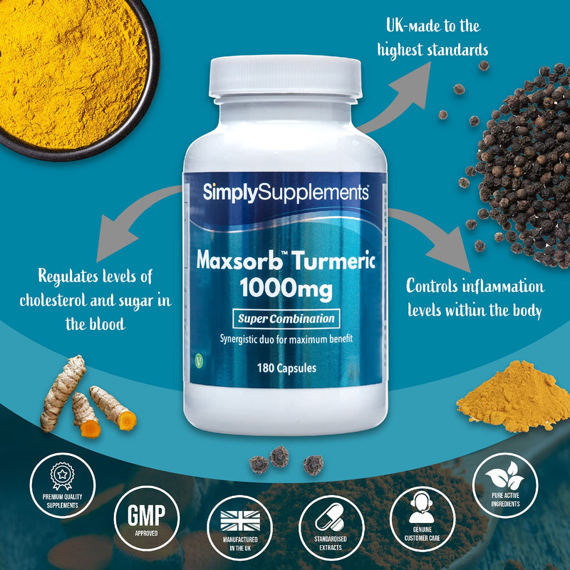 Turmeric 1000mg Maxsorb Curcumin 180 Capsules | Black Pepper Extract Bioperine® for Maximum Support | Vegan & Vegetarian Friendly | Natural Digestive Aid | Manufactured in The UK - NewNest Australia