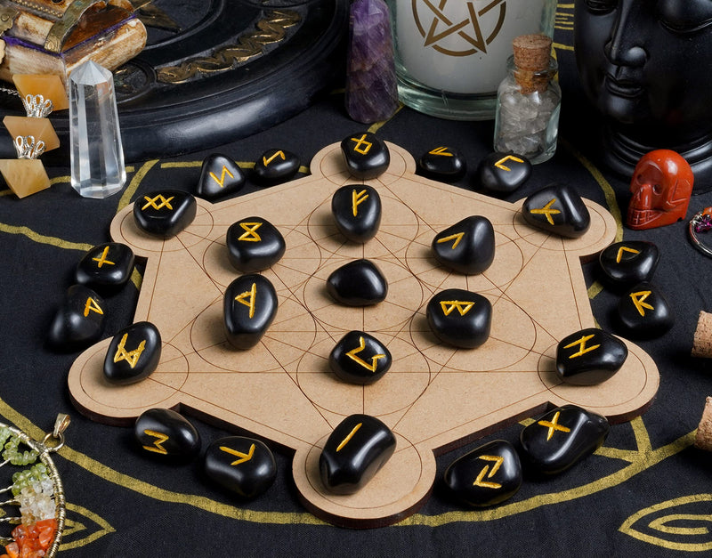 Crocon Black tourmaline tumble shape gemstone runes stones with Elder Futhark Alphabet Engraved 25 pcs runes set Crystal Divination Healing Chakra Reiki with a pouch Size : 15-20 mm - NewNest Australia