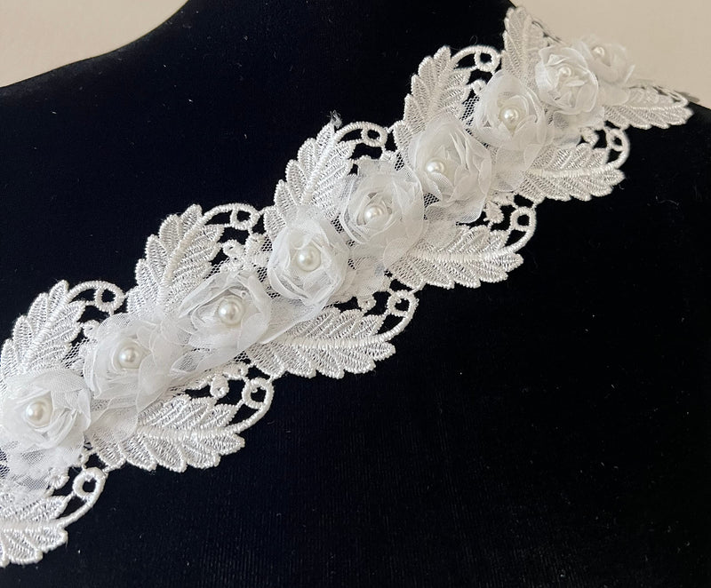 PEPPERLONELY 1 Yard White 3D Pearl Chiffon Flower Embroidered Lace Edge Trim Ribbon, Flower Width 7.5cm - NewNest Australia
