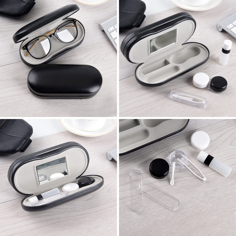 Muf 2 in 1 Double Sided Portable Contact Lens Case and Glasses Case,Dual Use Design with Built-in Mirror, Tweezer and Contact Lens Solution Bottle Included for Travel Kit Black - NewNest Australia